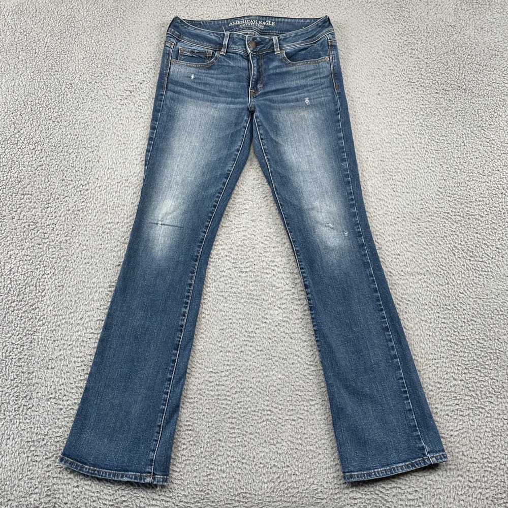American Eagle Jeans Womens 2 Blue Kick Boot Stretch Low Rise Distressed Denim